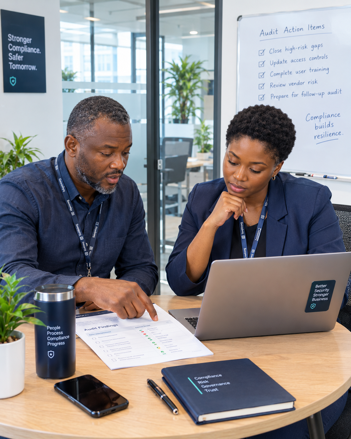 A compliance officer reviewing a gap assessment report with a colleague in Lagos