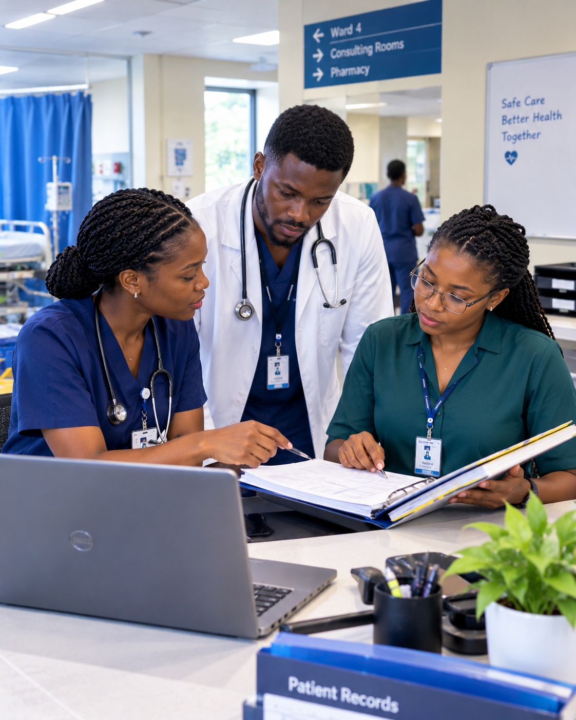 Hospital staff reviewing a patient record at a nurses station
