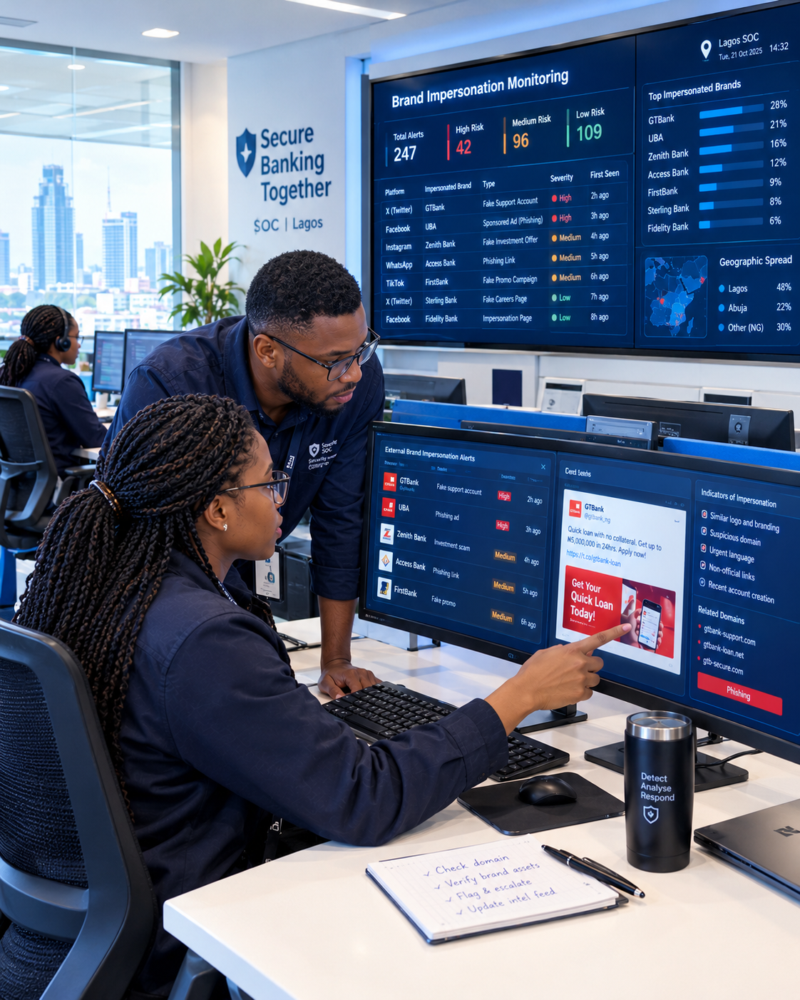 Security analysts reviewing external brand impersonation alerts on digital displays