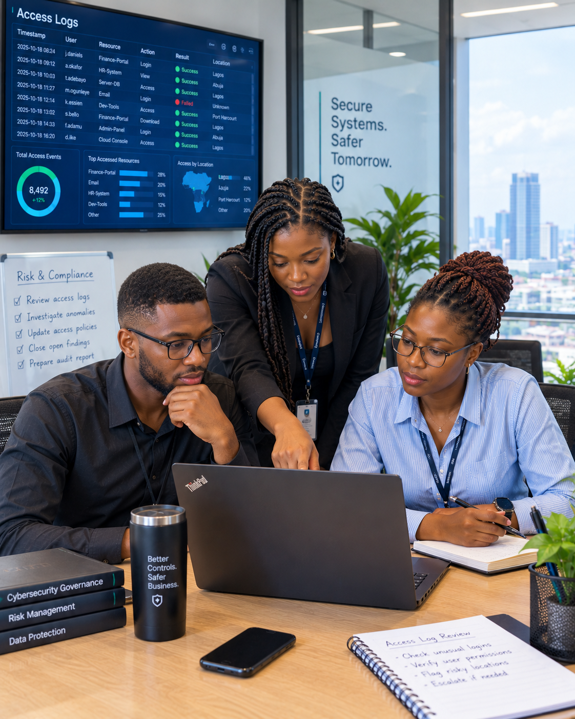 Risk managers reviewing internal access reports in a West African corporate office